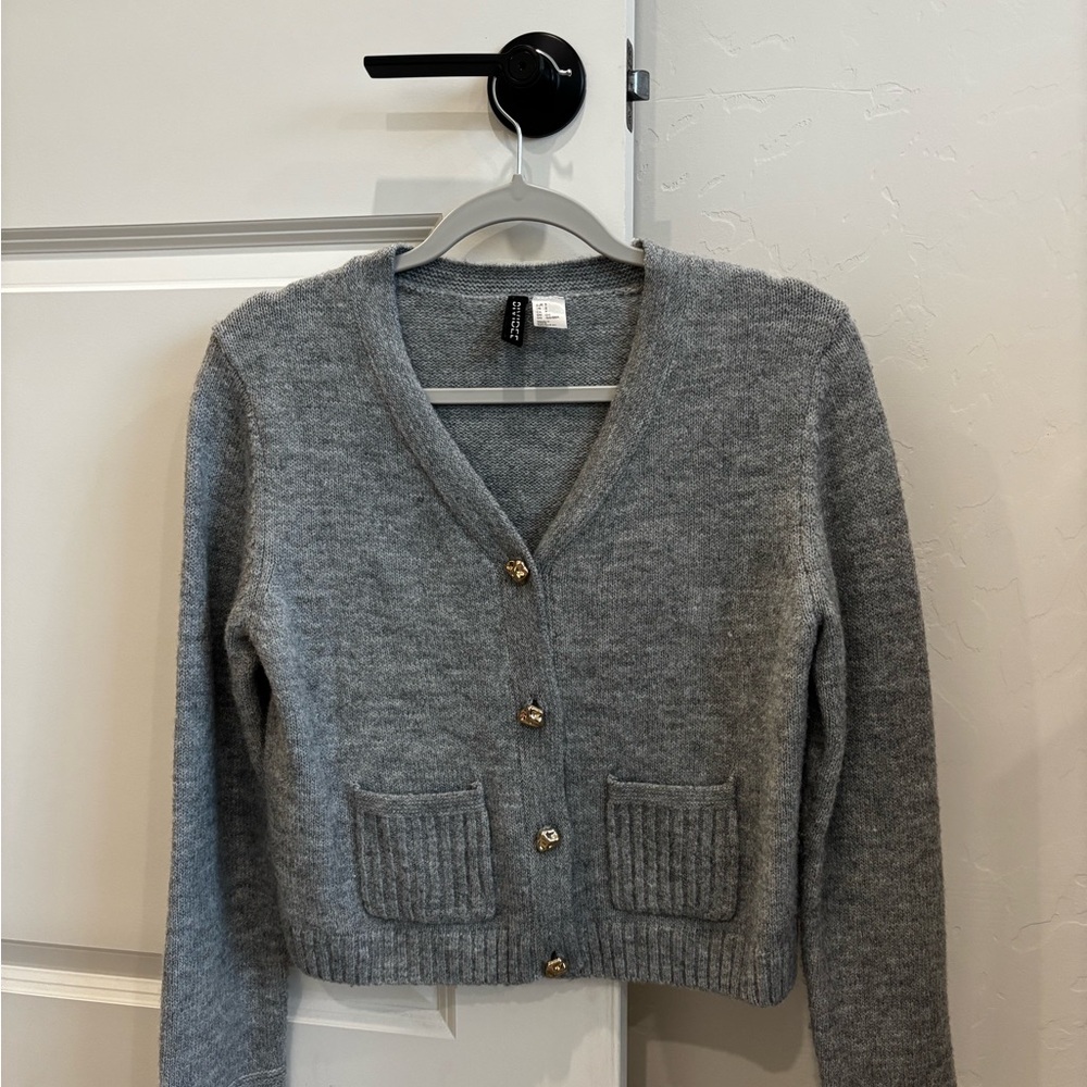 Gray Cardigan with Gold Buttons